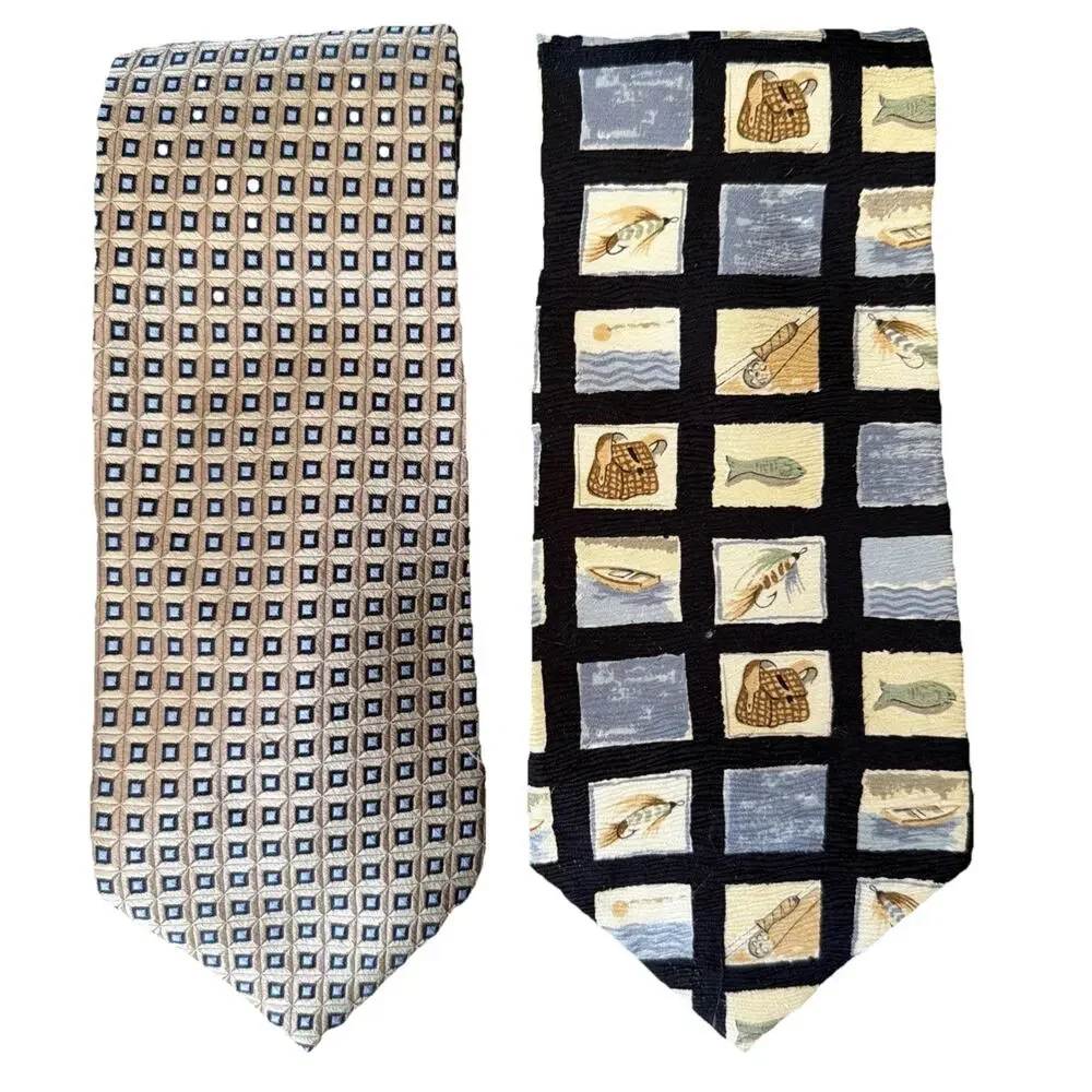 Nautica 2 Silk Neckties Ties Blue Fly Fishing Trout Squares USA Gift Lot Bundle